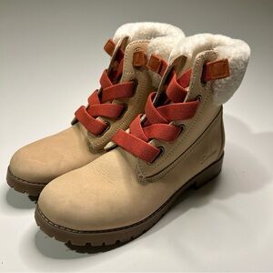 Skechers Boots Shoes Hiker Women’s 8.5 Leather Gored Lace Sand Faux Fur No Tie